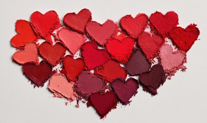 A bunch of red hearts are scattered on a white background