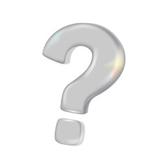 3d glass question mark abstract, fluid shape with holographic effect isolated on white background.