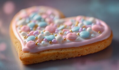A heart shaped cookie with pink icing and sprinkles