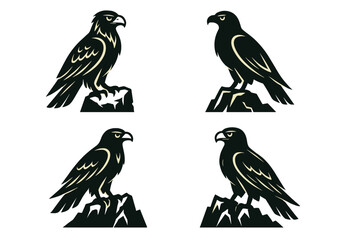 Obraz premium Feathered Stone Guardian. Icons for: a feathered sentinel gripping broken stone, a vigilant watcher perched on jagged rock, a