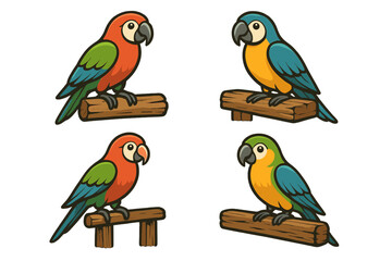 Obraz premium Parrot Balancing Act. Icons for: a parrot balancing on aged wood, a bold flier resting on rough planks, a colorful creature steady