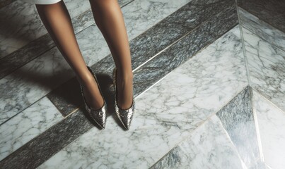 A woman wearing silver high heels standing on a marble floor
