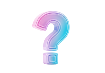 Hyper-realistic 3d question mark symbol rendered in glossy pastel pink and azure gradient plastic, isolated on a transparent studio backdrop with soft shadow. Concept of knowledge and intrigue