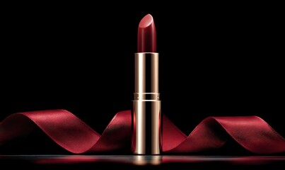 A red lipstick is on a table next to a red ribbon