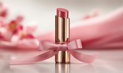 A pink ribbon is tied around a pink lip balm