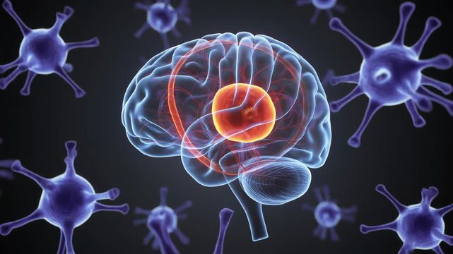 Medical Illustration: Brain with Neurological Activity and Viruses