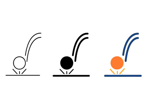 Bouncing Ball Stages. Bouncing ball, motion arcs, ground impact lines, first in line style with thin outline, second in solid
