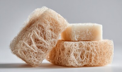 Three small white and tan objects are stacked on top of each other