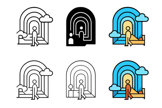 Recursive Dream Portals. Nested dream imagery with recursive portals and repeating objects, clean geometric minimal icon, first in