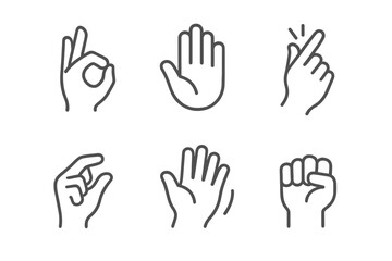 Obraz premium Line Style Gestures. Line style icons of Everyday Signals: ok sign, stop palm, finger snap, pinch, wave, fist. No text, No labels,