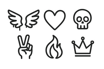Fototapeta premium Subculture Icon Collection. Line style icons of Subculture Marks: wings graffiti, heart outline, skull symbol, peace hand, flame,