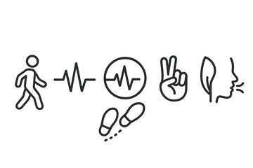 Fototapeta premium Conscious Motion Icons. Line style icons of Conscious Motion: walking line, heartbeat wave, pulse circle, hand gesture, rhythm