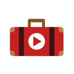 Red Vintage Suitcase with White Play Button Emblem and Brown Handle on Black Background