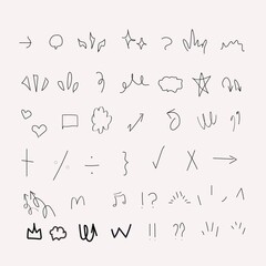 A grid of small, hand-drawn black and white line art doodles and symbols on a light pink background.