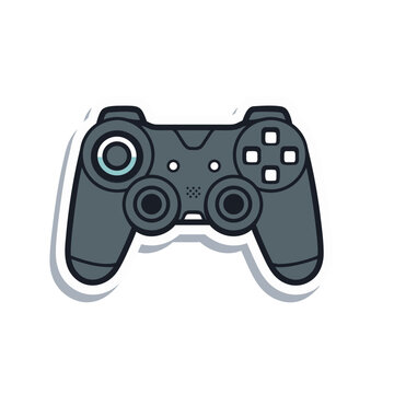 Retro Game Controller Sticker with Blue Accents and White Outline on Black Background Vector Art Style