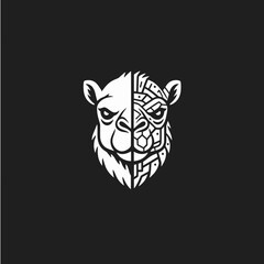 A striking black and white logo featuring a camel's head, half organic and half robotic, symbolizing a blend of nature and technology.