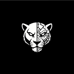 A striking black and white illustration of a cybernetic panther's head, merging organic and mechanical features.