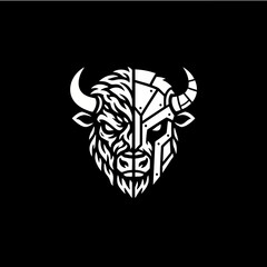 A powerful graphic illustration of a bull's head split into a natural, fierce side and an armored, mechanical warrior helmet side, on a black background.