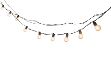 Multiple strands of glowing light bulbs in an artistic arrangement on a transparent background
