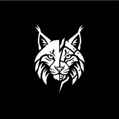 A striking white stylized lynx head logo with geometric and mechanical elements on a black background.