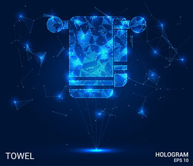 Hologram towel. The towel is made of polygons, triangles, dots and lines. The towel is a low poly connection structure. Technology, concept, vector. Towel drapes over blue tone.