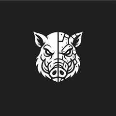 Striking black and white illustration of a boar's head, half organic and half robotic, depicting a powerful cybernetic animal concept.