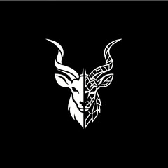 A striking black and white graphic illustration of a kudu antelope's head split down the middle.