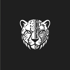 Striking black and white illustration of a cheetah's head, half organic and half cybernetic, blending nature with advanced technology.