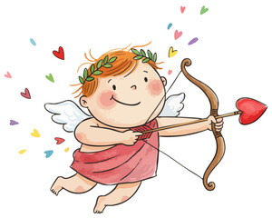 Cupid's aim. Little archer of love. Valentine's day angel. Winged cherub with bow. Heart shot, messenger of love. Ready to strike, shower of hearts. Eros love god. Little Cupid with bow and arrow