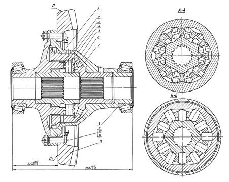 Truck differential assembly drawing. Engineering automotive mechanical cad scheme of steel device on paper sheet. Technology design of machine building industry with dimensions. Machined template.