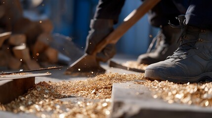 A mechanic sweeping debris from a garage floor after cutting metal components, sparks and shavings forming a textured mosaic beneath work boots — workshop environment, metal fabrication workflow,