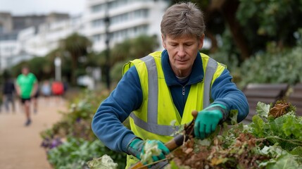 Fototapeta premium A park steward tending to public green spaces at dawn, pruning plants and clearing pathways as joggers pass by — urban nature care, community stewardship, and environmental maintenance. cinematic