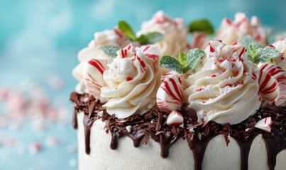 A chocolate cake with white frosting and red and green sprinkles