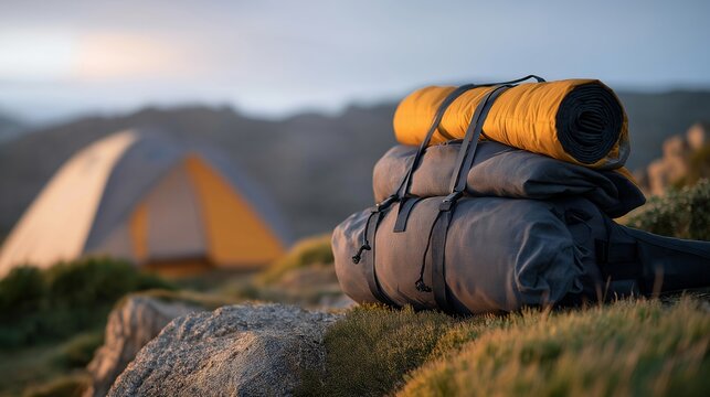 A folded tent lying on the grass next to hiking gear, straps secured tightly as campers prep for an early-morning trek — outdoor adventure preparation, camping lifestyle, and nature-bound activity.