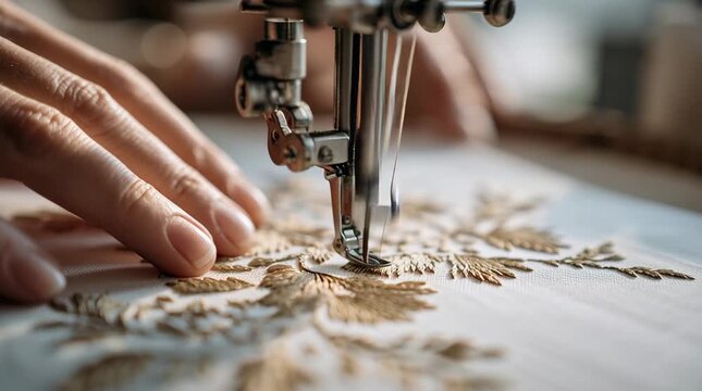 Close-up of a hand guiding fabric under a sewing machine needle to create embroidery