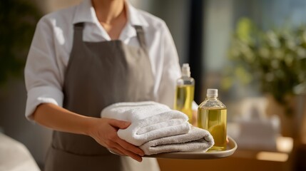 A massage therapist preparing eucalyptus-infused oil on a spa cart, soft towels and warm lighting setting the tone for a deeply relaxing treatment — luxury spa experience, natural healing, and