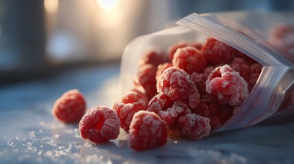 Frozen berries spilling from a frosty resealable bag onto a marble counter, tiny ice crystals sparkling under kitchen window light &mdash; premium frozen fruit, healthy smoothie ingredients, and vibrant