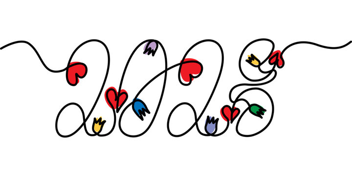 2028 Hand Drawn Lettering One Continuous line New Year Date with hearts and flowers decor Isolated. Vector illustration New Year Greeting Thematic Cards Party Invite, leaflet, banner, price tag, label