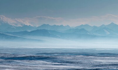 A mountain range is visible in the distance