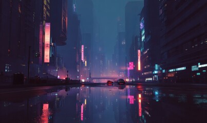 Fototapeta premium A city street with neon signs and cars