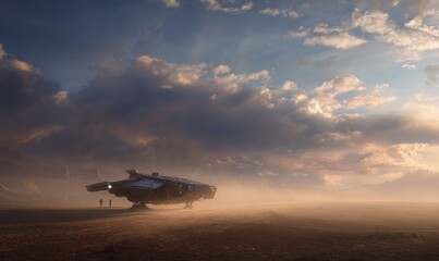 Obraz premium A spaceship is parked on a desert plain