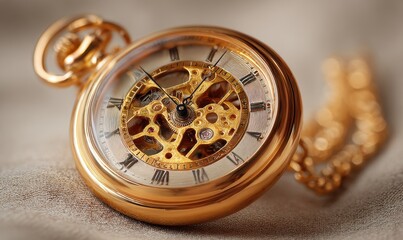A gold pocket watch with roman numerals on the face
