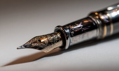 A pen with a gold tip is shown on a white background