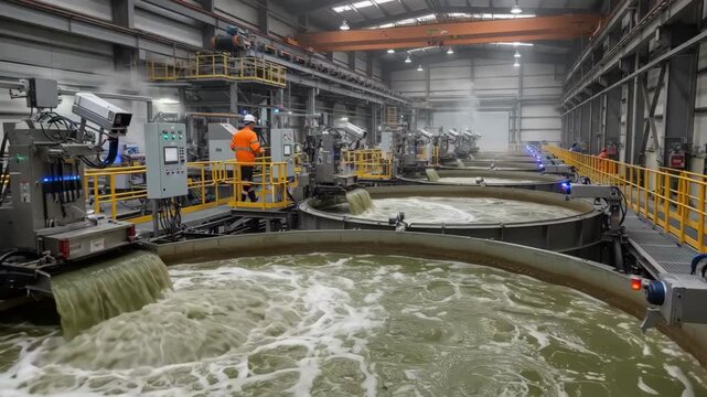 Medium shot of industrial flotation tanks operating with advanced sensors to optimize mineral separation efficiency in a processing plant.