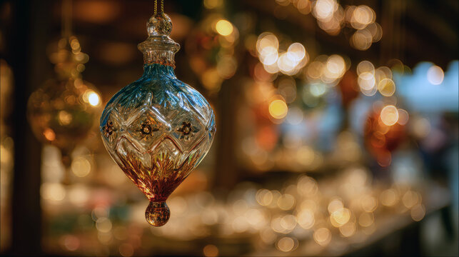 Intricate Hand-Blown Glass Christmas Ornament: Beautiful Teal, Amber, and Clear Decoration Hanging Against a Warm, Sparkling Holiday Market Bokeh Lights Background
