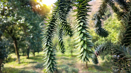 Closeup macro shot of Araucaria araucana (monkey puzzle tree) branches with spiral, spiky evergreen leaves hanging down in a sunlit garden or park, soft blurred trees in the background.