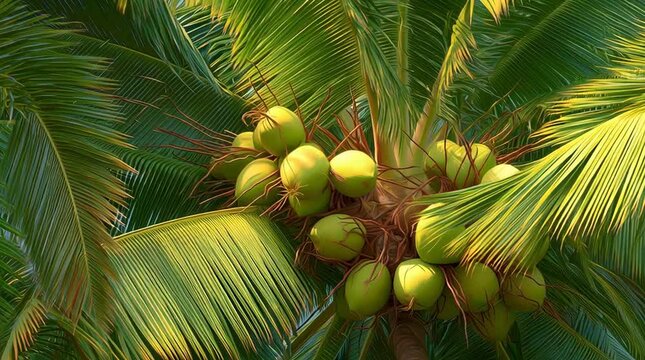 Close-up of bright green coconuts amidst palm fronds, warmly illuminated by sunlight