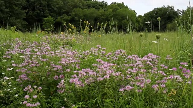Pink flowers of Wild Bergamot, or Bee Balm, and other wildflowers wave in the breeze on an Illinois prairie