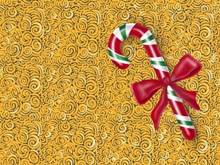 Christmas Candy Cane with Red Bow on Golden Decorative Background
