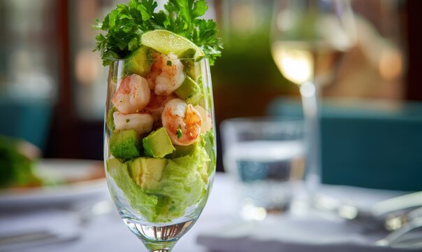 A glass of shrimp salad with avocado and cilantro